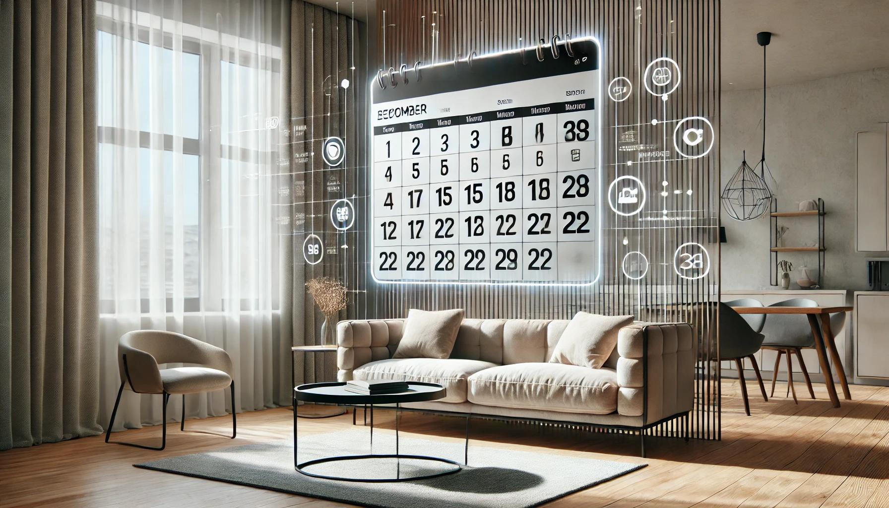 Calendario digital flotante que representa precios dinámicos, en una sala de un alojamiento.